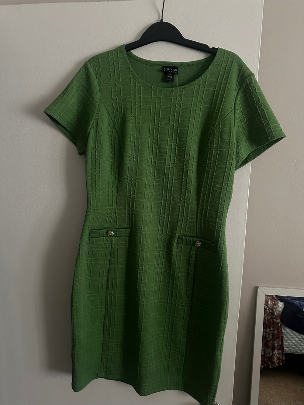 Enfocus Studio Olive Green Textured Pocket Shift Dress